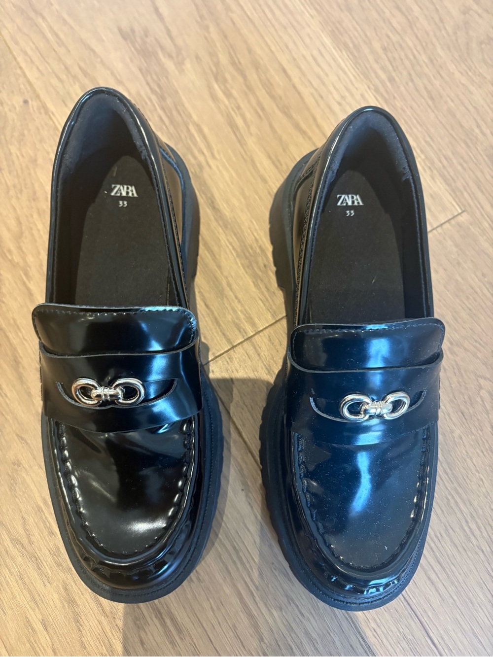 Zara Black Patent Loafers with hardware  Accent